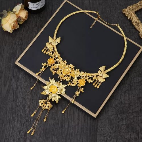 秀禾新款新娘金色项圈吊坠高级龙凤褂复古平安锁挂件婚嫁古风配饰