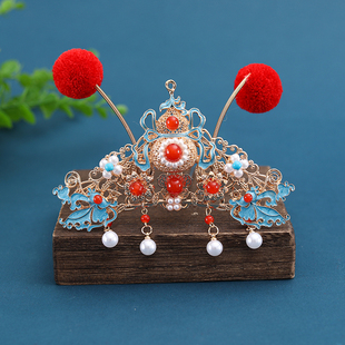 明制汉服头饰秀禾中式婚礼新娘烧蓝发冠红流苏步摇大气发夹发钗