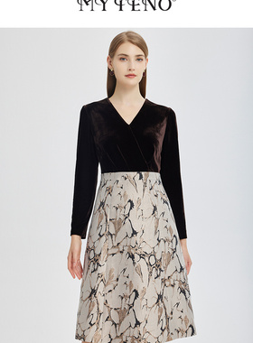 马天奴2023年商场同款V领丝绒拼接提花长袖连衣裙礼裙MRAT17DRX1