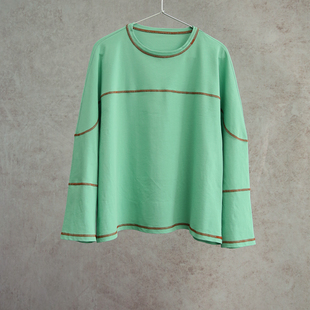 云芝元设计师26春款粉绿纯棉针织撞色线圆领落肩长袖T恤