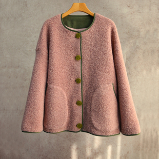 外套2601 粉色羊毛圆领落肩保暖女士开衫 进口新冬款 云芝元