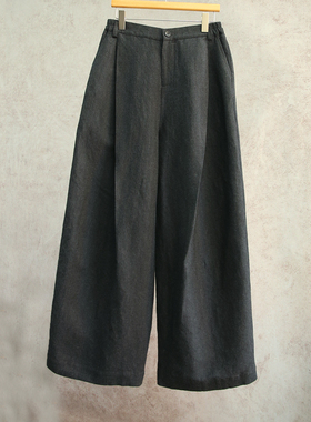 云芝元 新冬款深灰色人字纹羊毛亚麻半松紧腰阔腿休闲裤0802-B
