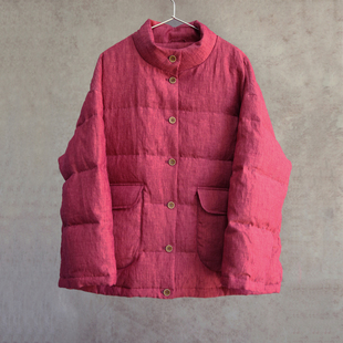 云芝元 盈盈粉色纯汉麻95白鹅绒立领保暖羽绒服1205B 设计师新冬款