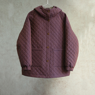 连帽菱形格棉衣外套0501 棉服紫色色织全棉女款 新冬款 云芝元