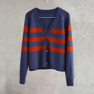 1224 云芝元 羊绒衫 康赛妮纯羊绒花蓝棕红拼色V领条纹开衫 秋冬款