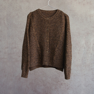 云芝元 新冬款纯羊毛黑咖色花纱绞花圆领横机针织开衫外套0108-M