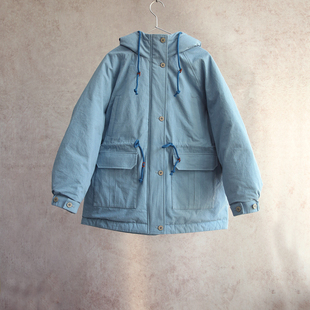 95白鹅绒连帽羽绒服2101M 进口全棉日晒干灰蓝插肩袖 云芝元 新冬款