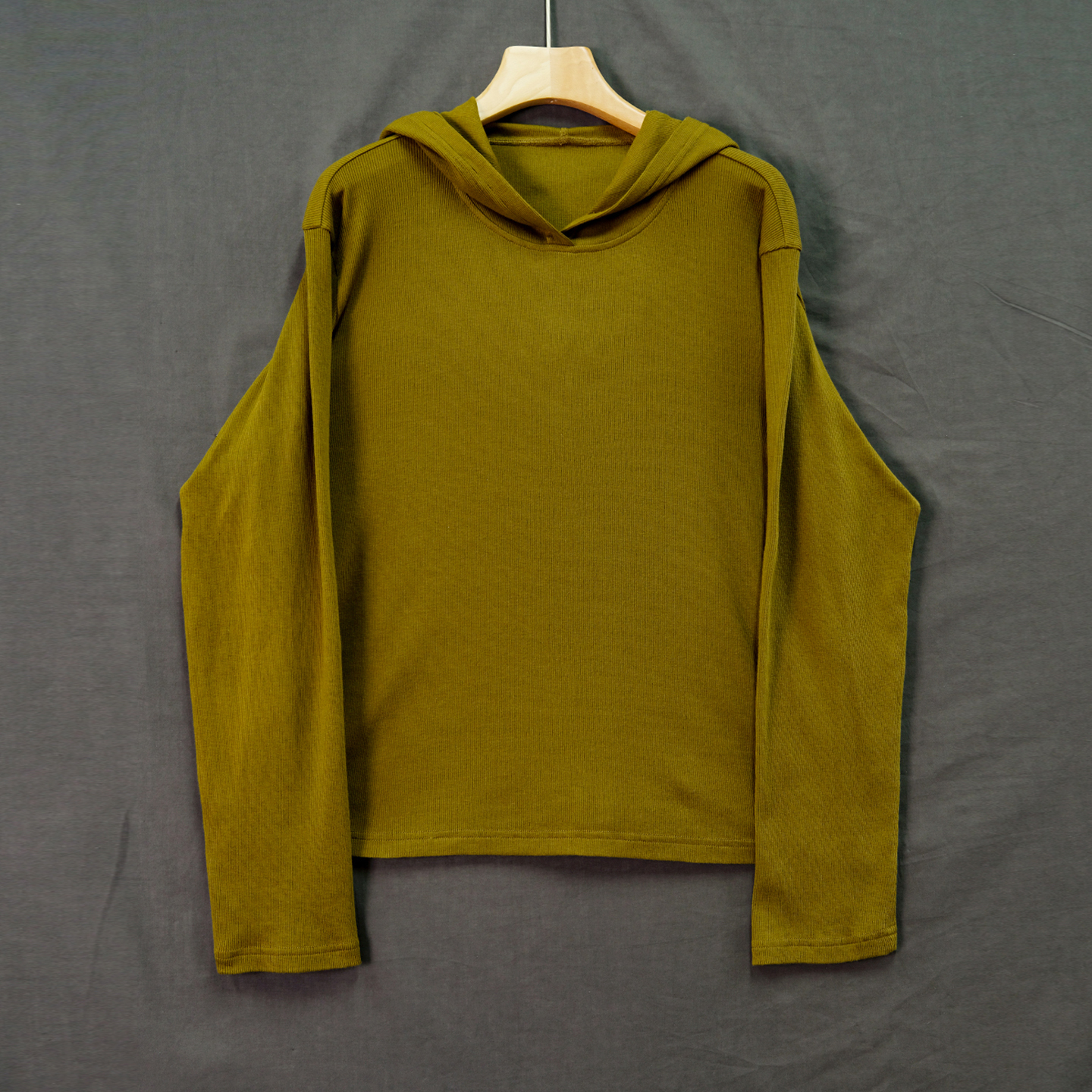 云芝元 设计师秋款芥末绿丝棉羊毛罗纹针织舒适百搭帽衫0701-M