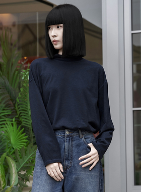 云芝元 设计师秋款蓝色灵地丝半高领亲肤柔软舒适打底T恤1903-M