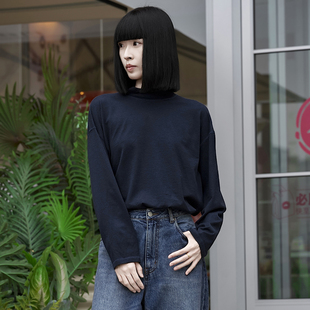 蓝色灵地丝半高领亲肤柔软舒适打底T恤1903 云芝元 设计师秋款