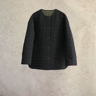 云芝元 新春款绗格黑绿双面圆领女士中长款开衫双层外套2701B