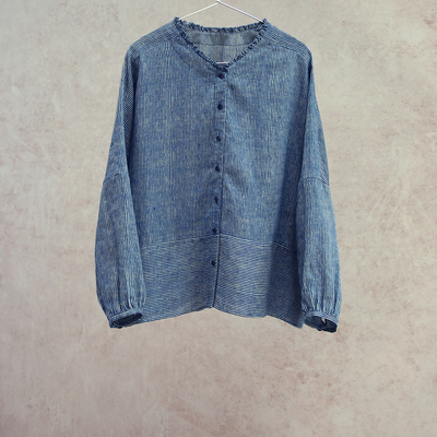 云芝元 原创26春夏新款纯亚麻蓝白条纹花边领双面穿落肩长袖开衫