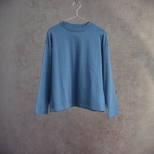 云芝元 牛仔蓝色纯棉圆领落肩高捻针织电脑横机休闲套头衫1317M