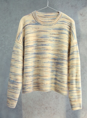 云芝元 设计师冬款纯羊毛蓝色条彩纱圆领套头横机针织外套1223-M