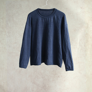 长袖 云芝元 藏蓝亚麻针织毛边打底衫 款 T恤 设计师26春新款