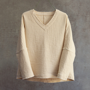 轻松衣1801 进口米白色木棉V领绗线落肩松弛套头衫 新冬款 云芝元