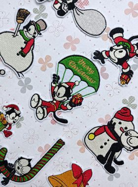 菲力猫圣诞系列卡通刺绣贴布牛仔破洞补丁布贴花儿童衣服书包装饰