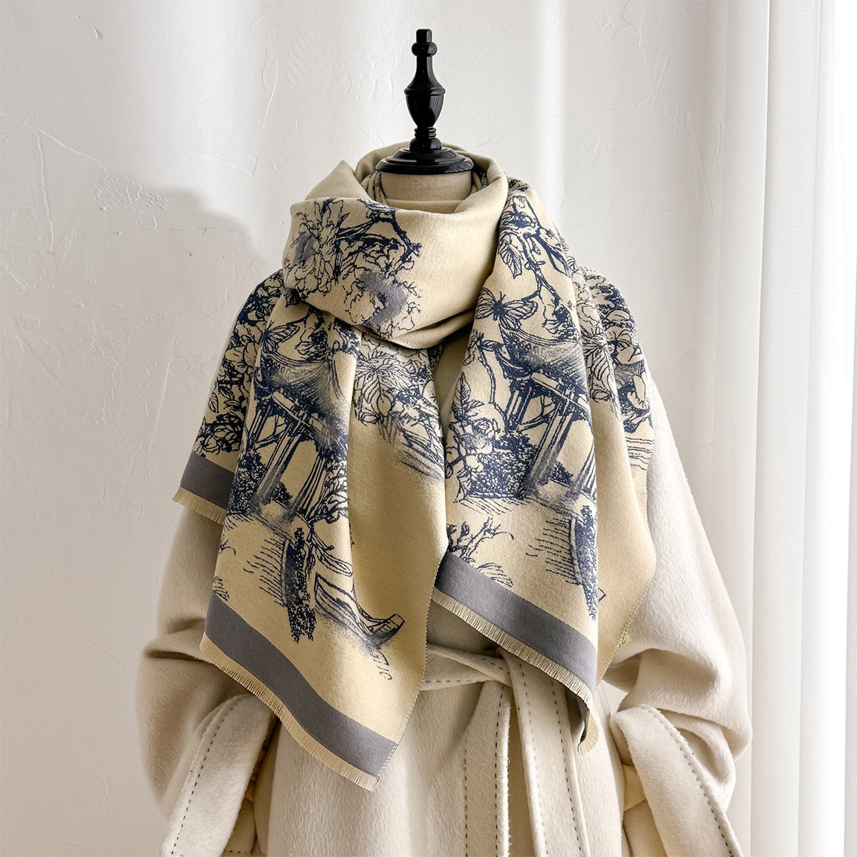 2026新年围巾冬季新款山水画仿羊绒女士加厚保暖长款披肩百搭围脖