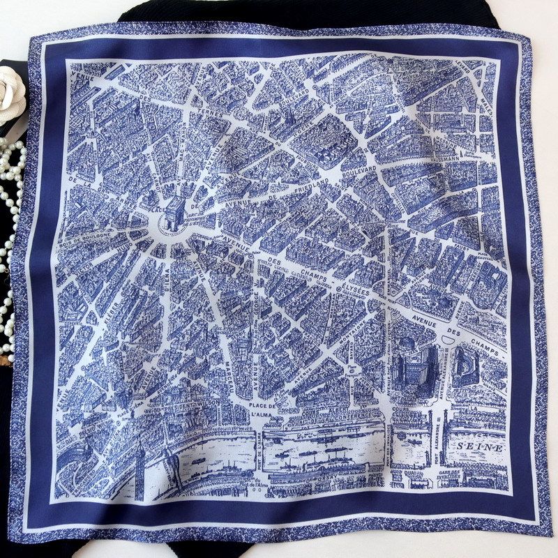 53cm法式桑蚕丝小方巾真丝素缎柔软百搭城市街景丝巾职业搭配领巾