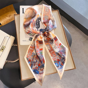 仿真丝丝带油画窄条斜角丝巾复古热闹街角双层长领巾 150cm欧式