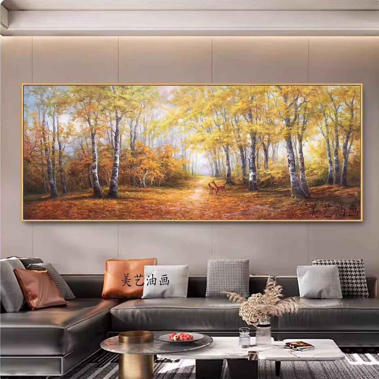 美式客厅装饰画风景手绘油画白桦林挂画卧室壁画黄金大道金色定制