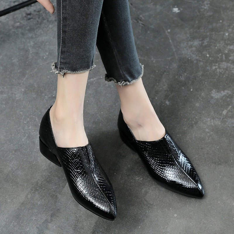 断码清仓非凡真皮女鞋深口尖头单鞋女春秋粗跟2023年新款鞋子真皮