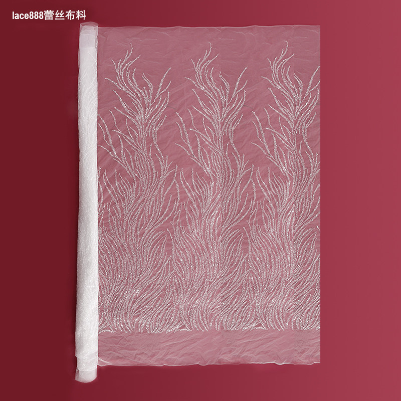 重工珠管泡珠珠片秀网纱面料婚纱舞台服面料1.3米宽白色
