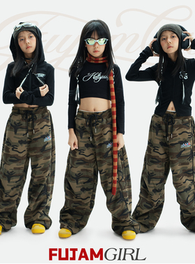 FUJAM街舞潮牌女童爵士服迷彩套装连帽长袖外套嘻哈个性休闲裤