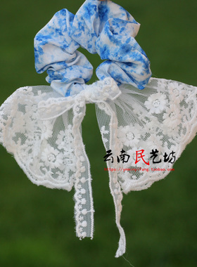 白色蕾丝蝴蝶结大肠发圈扎染发饰