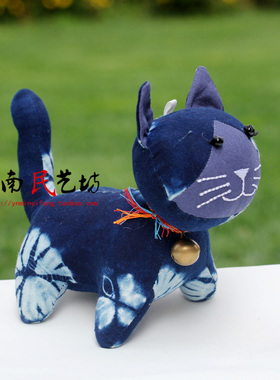 民族风手工扎染蓝染布艺可爱猫咪