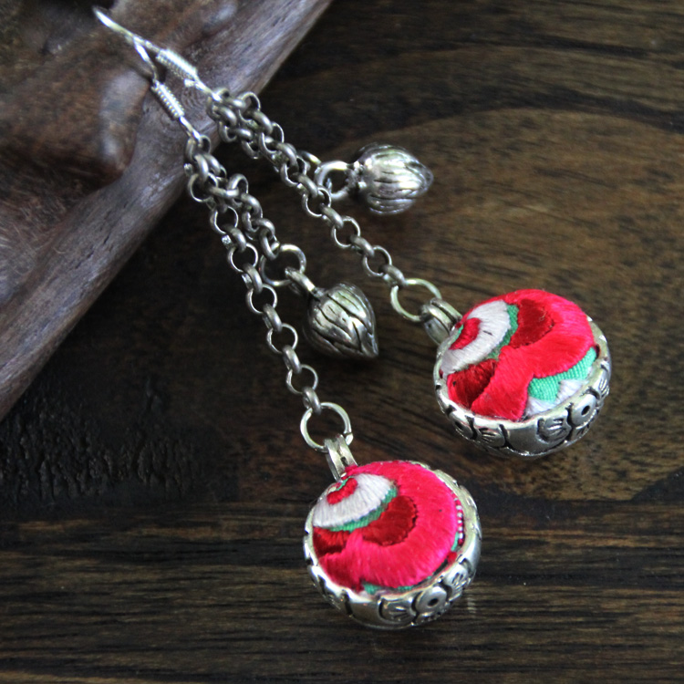 民族风老绣片苗银耳环手绣耳环长