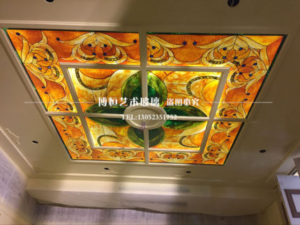 定制彩色钢化艺术玻璃吊顶 客厅隔断入户屏风 欧美蒂凡尼彩绘玻璃
