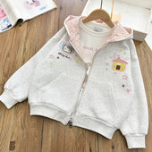 女童韩版 上衣26春 拼格子连帽外套中大儿童刺绣休闲宽松卫衣开衫