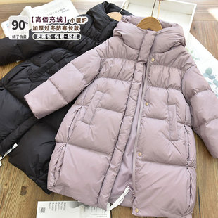 女童90白鸭绒纯色连帽中长款羽绒服 儿童保暖厚实外套 2025冬新款