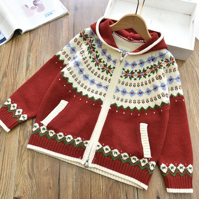 女童圣诞新年款加厚保暖拉链连帽外套开衫 中大儿童洋气毛衣冬