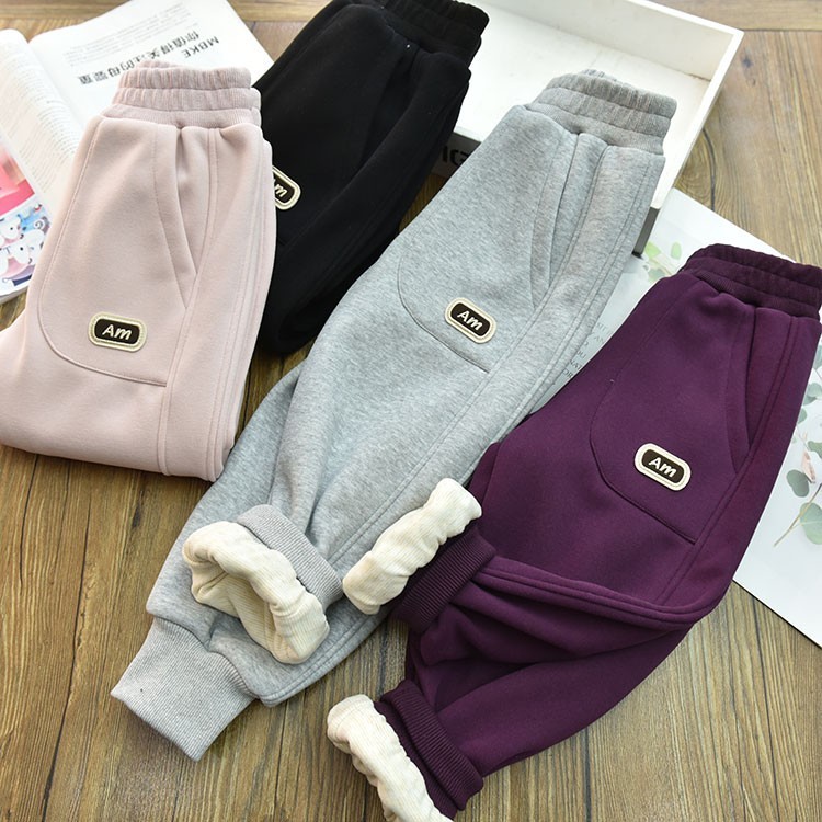 女童厚实双层保暖字母贴标束脚运动卫裤 中大儿童休闲百搭长裤冬