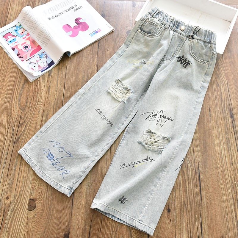 女童韩系时髦薄软舒适垂顺破洞牛仔直筒裤 中大儿童阔腿裤夏,童装/婴儿装/亲子装,裤子,淘宝优惠券,粉丝福利购,淘宝优惠卷