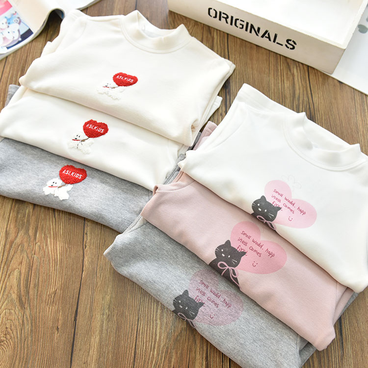 女童保暖软糯爱心猫咪半高领套头打底衫 中大儿童内搭上衣冬