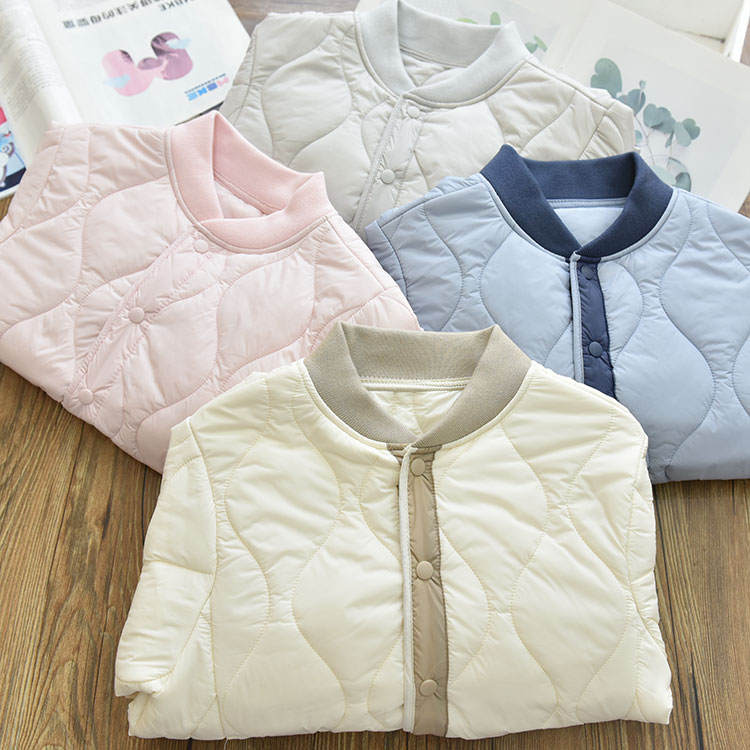 女童纯色保暖波浪纹拼色单排扣棉服 中大儿童外套上衣冬