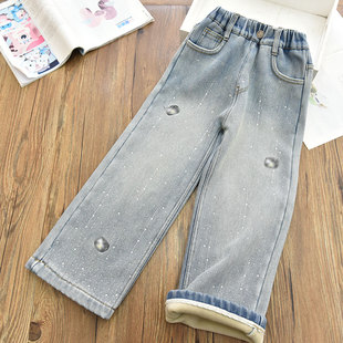 满天星加密绒女童烫钻洋气一体绒很刺绣直筒裤儿童休闲牛仔裤年款