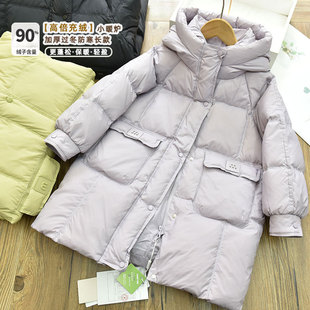 女童90白鸭绒纯色连帽中长款羽绒服 儿童保暖厚实外套 2025冬新款