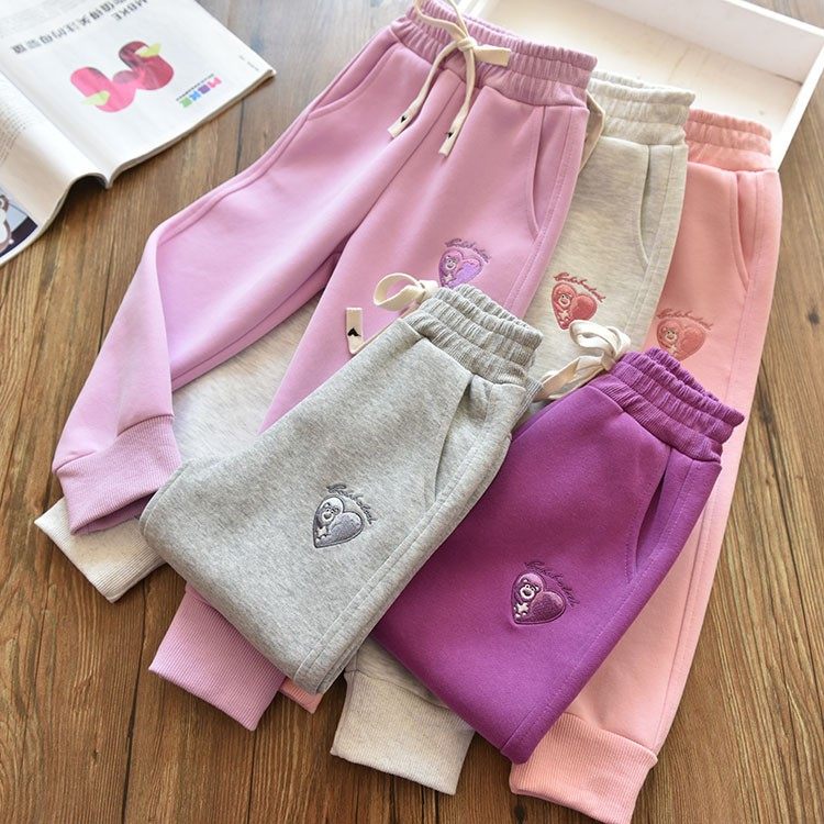 本布纯棉|女童洋气刺绣爱心小熊运动裤 中大儿童宽松休闲卫裤春秋,童装/婴儿装/亲子装,裤子,淘宝优惠券,粉丝福利购,淘宝优惠卷