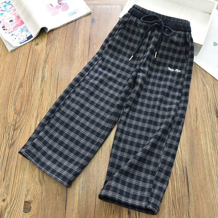 女童一体绒加厚保暖撞色格子直筒裤 中大儿童宽松休闲弯刀裤冬