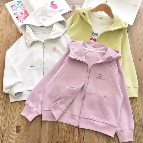 女童简约大方刺绣连帽外套开衫中大儿童宽松休闲拉链衫上衣春秋