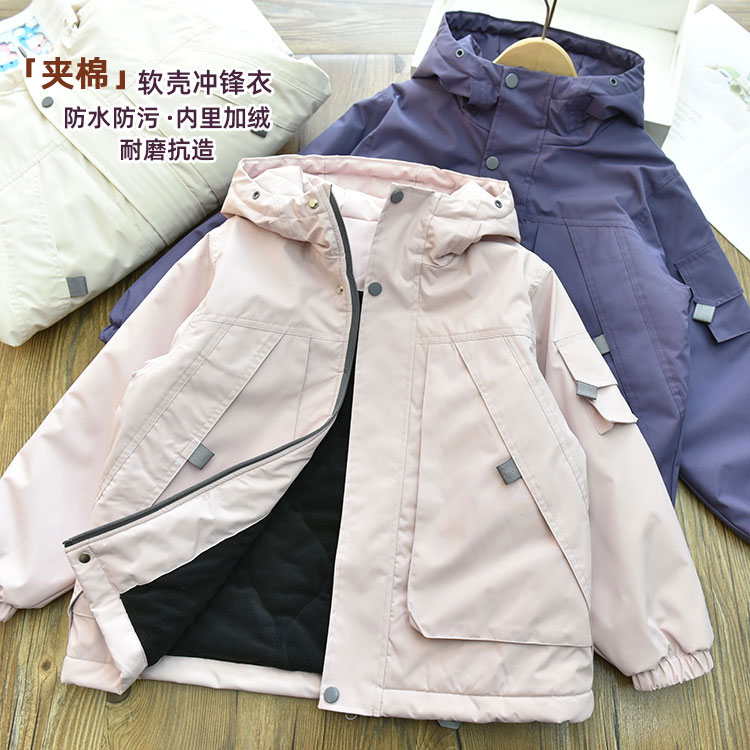 夹棉款男女童加绒加厚防风连帽冲锋衣 中大儿童过冬保暖户外棉服