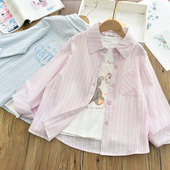 女童清新百搭洋气条纹拼色翻领单排扣衬衣 26春 中大儿童内搭衬衫