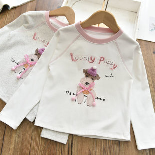 女童洋气时髦麻丝线帽子小狗纯棉正肩打底衫 T恤26春 中大儿童长袖