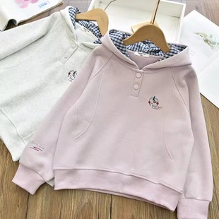 女童洋气时髦宽松刺绣休闲连帽套头卫衣 中大儿童百搭上衣秋