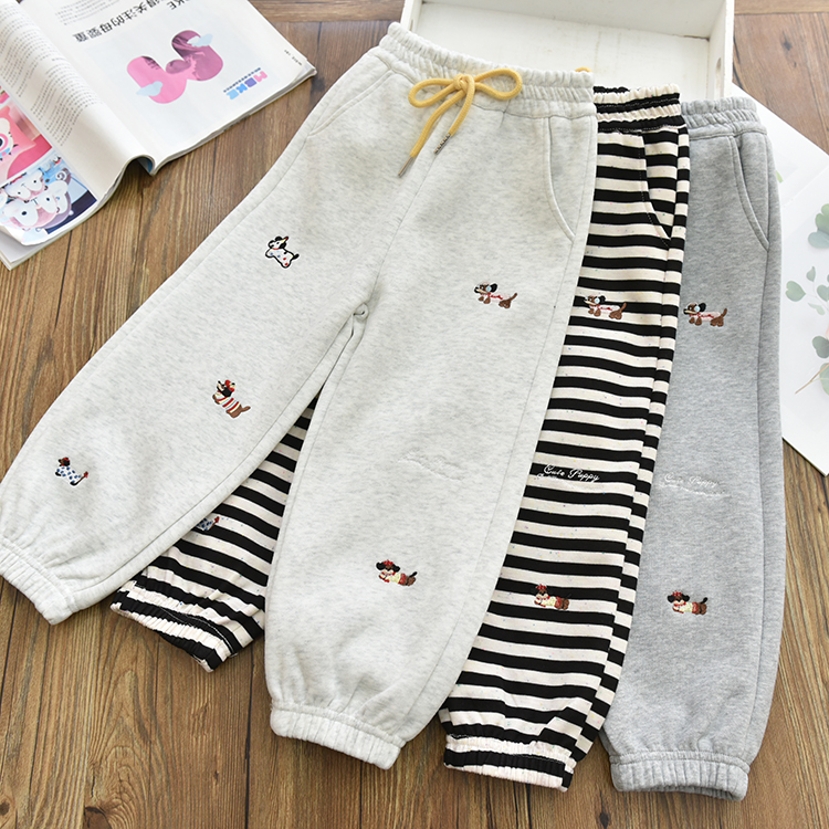 韩系洋气|女童刺绣条纹运动卫裤 中大童棉质宽松休闲灯笼裤25春秋