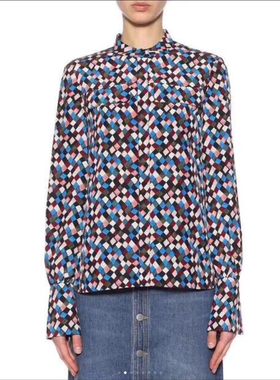 TBOL新款姆米规则菱形经典撞色ol通勤女衬衫 银泰家 女蚕丝喇叭袖